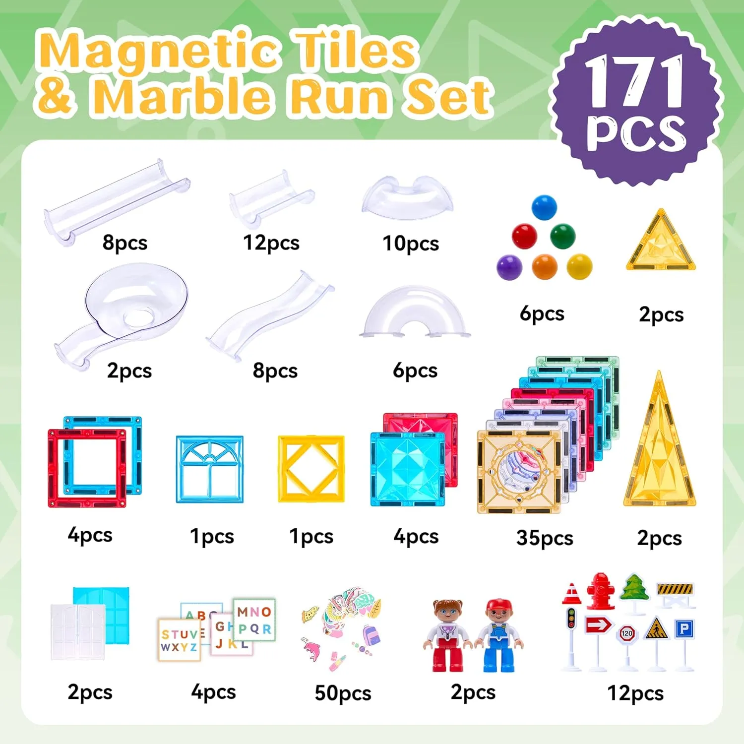 171 PCS Magnetic Tiles and Marble Run Set, Magnet Building Race Track Toys with Learning Card and Storage Bag for Kids, STEM Educational Blocks for Boys Girls Ages 3 4 5 6 7 8  Birthday Gifts
