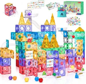171 PCS Magnetic Tiles and Marble Run Set, Magnet Building Race Track Toys with Learning Card and Storage Bag for Kids, STEM Educational Blocks for Boys Girls Ages 3 4 5 6 7 8  Birthday Gifts