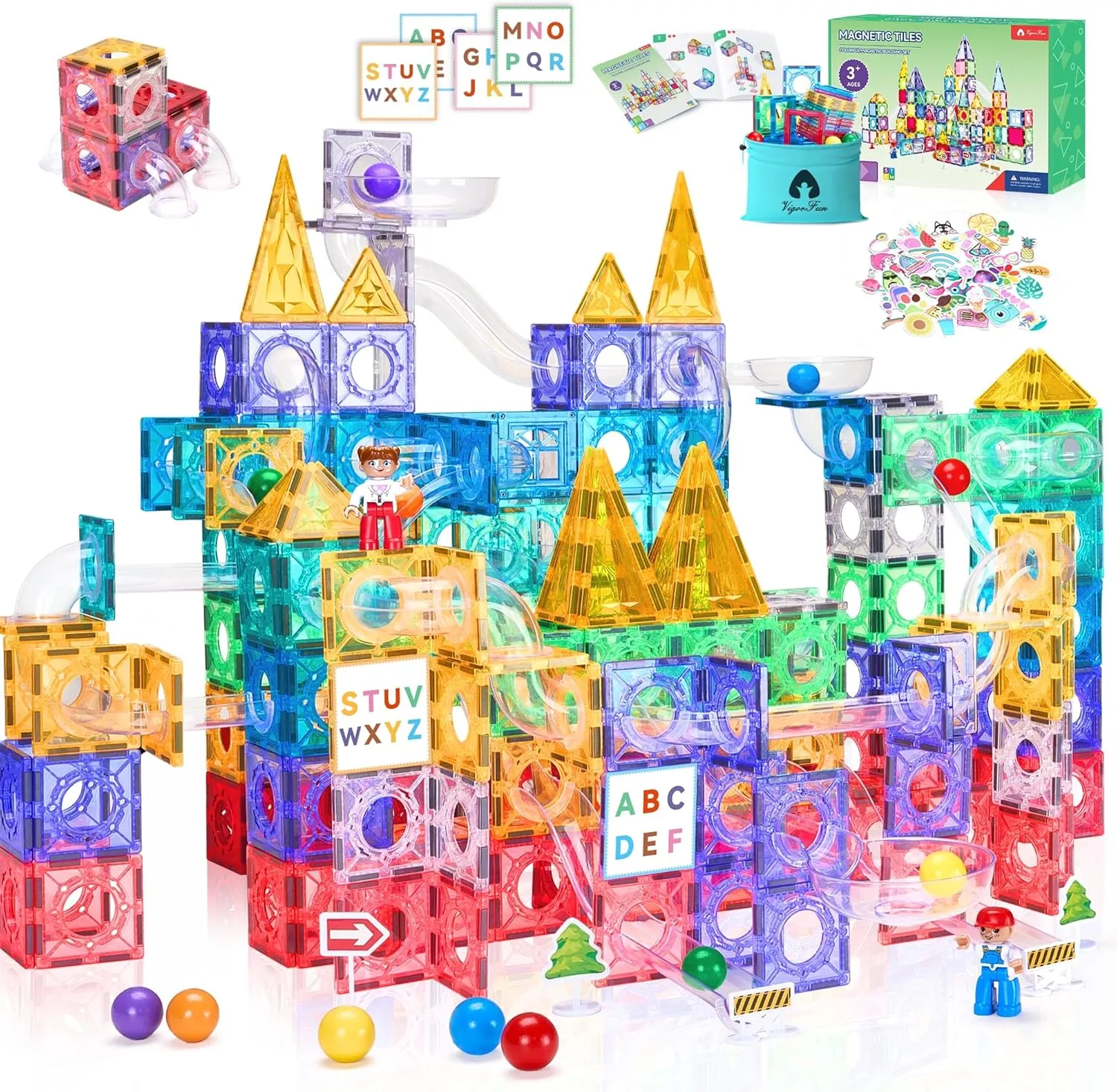 171 PCS Magnetic Tiles and Marble Run Set, Magnet Building Race Track Toys with Learning Card and Storage Bag for Kids, STEM Educational Blocks for Boys Girls Ages 3 4 5 6 7 8  Birthday Gifts