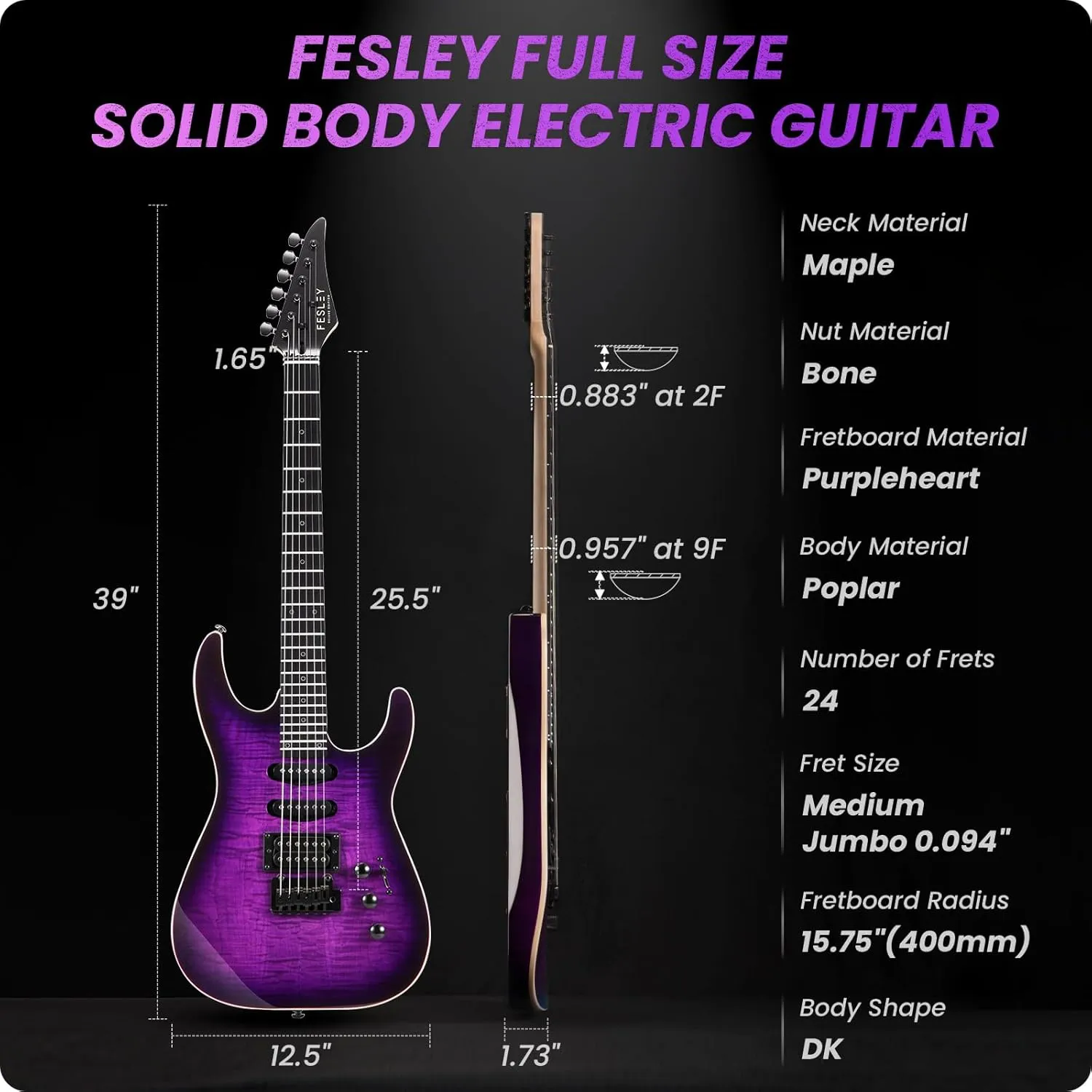 39" Solid Body Electric Guitar: Electric Guitar Kit with Bone Nut, Full Size 6 String Guitars with 24 Frets, Poplar Body AAA Flame Maple Top, Guitarra Electrica with HSS Ceramic Pickup,Purple