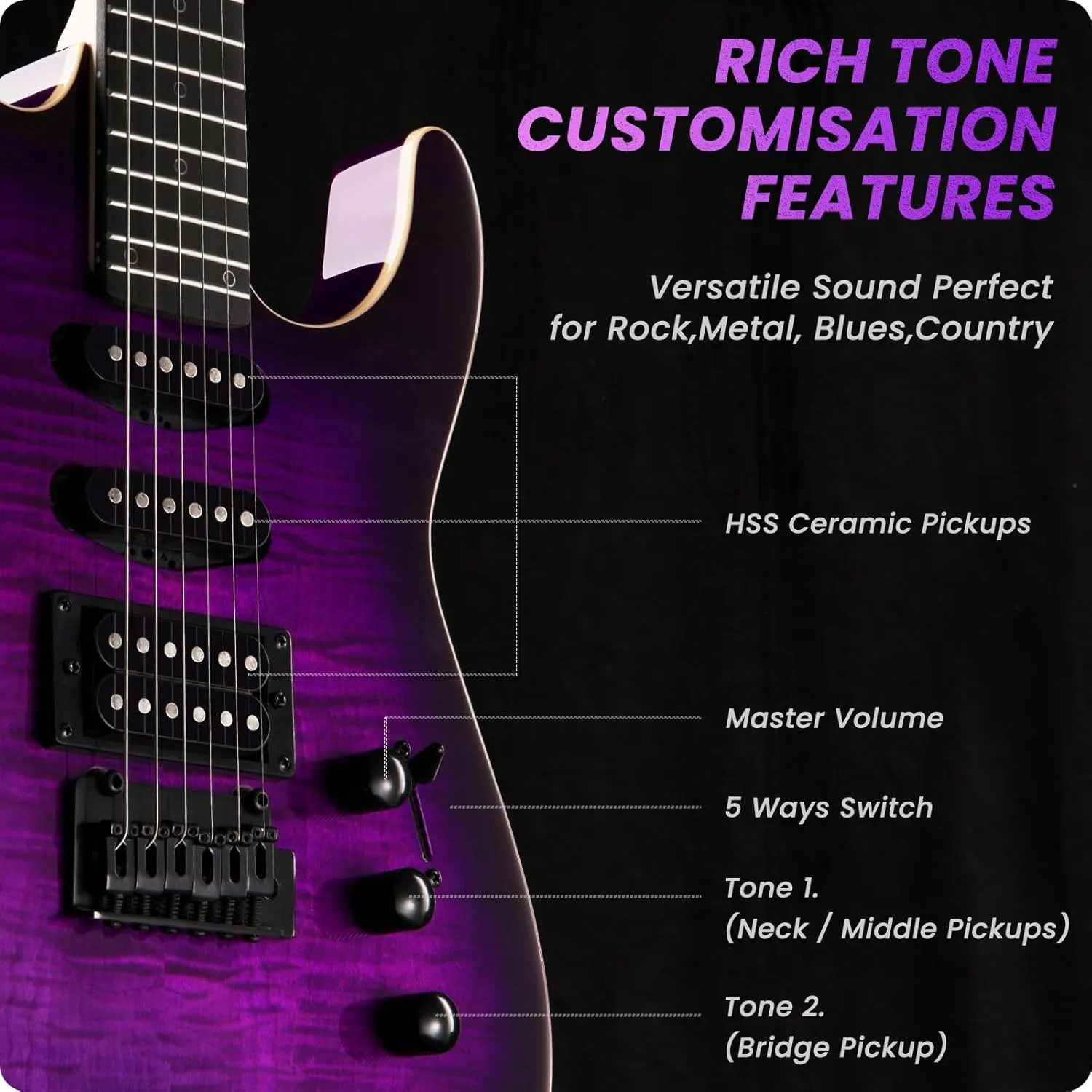 39" Solid Body Electric Guitar: Electric Guitar Kit with Bone Nut, Full Size 6 String Guitars with 24 Frets, Poplar Body AAA Flame Maple Top, Guitarra Electrica with HSS Ceramic Pickup,Purple