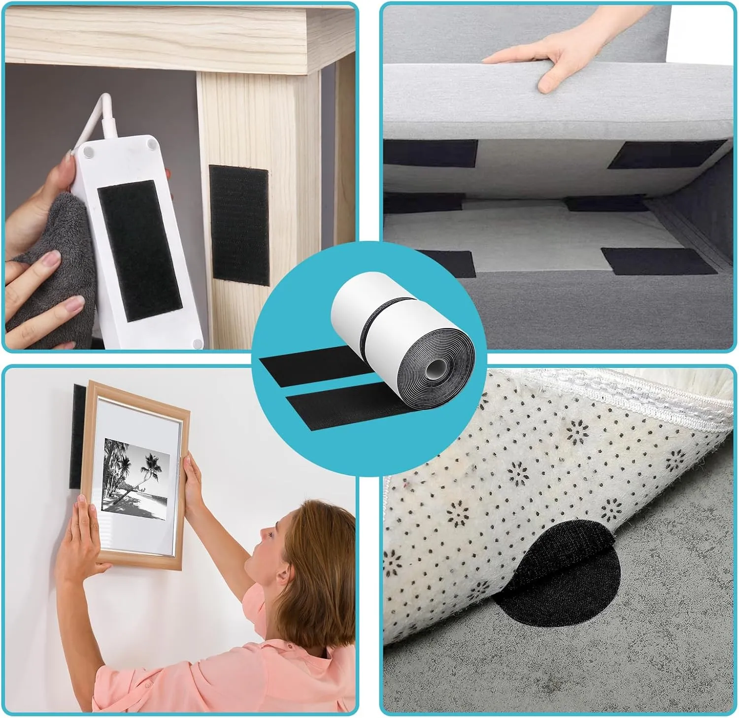 4.4''×16.5 Feet Black Heavy Duty Hook and Loop Tape Adhesive, Keep Couch Cushions from Sliding or Blowing at Outdoor, Picture Wall Hanging, No Punching Wall Mounting, Keep Your Carpet Rugs in Place