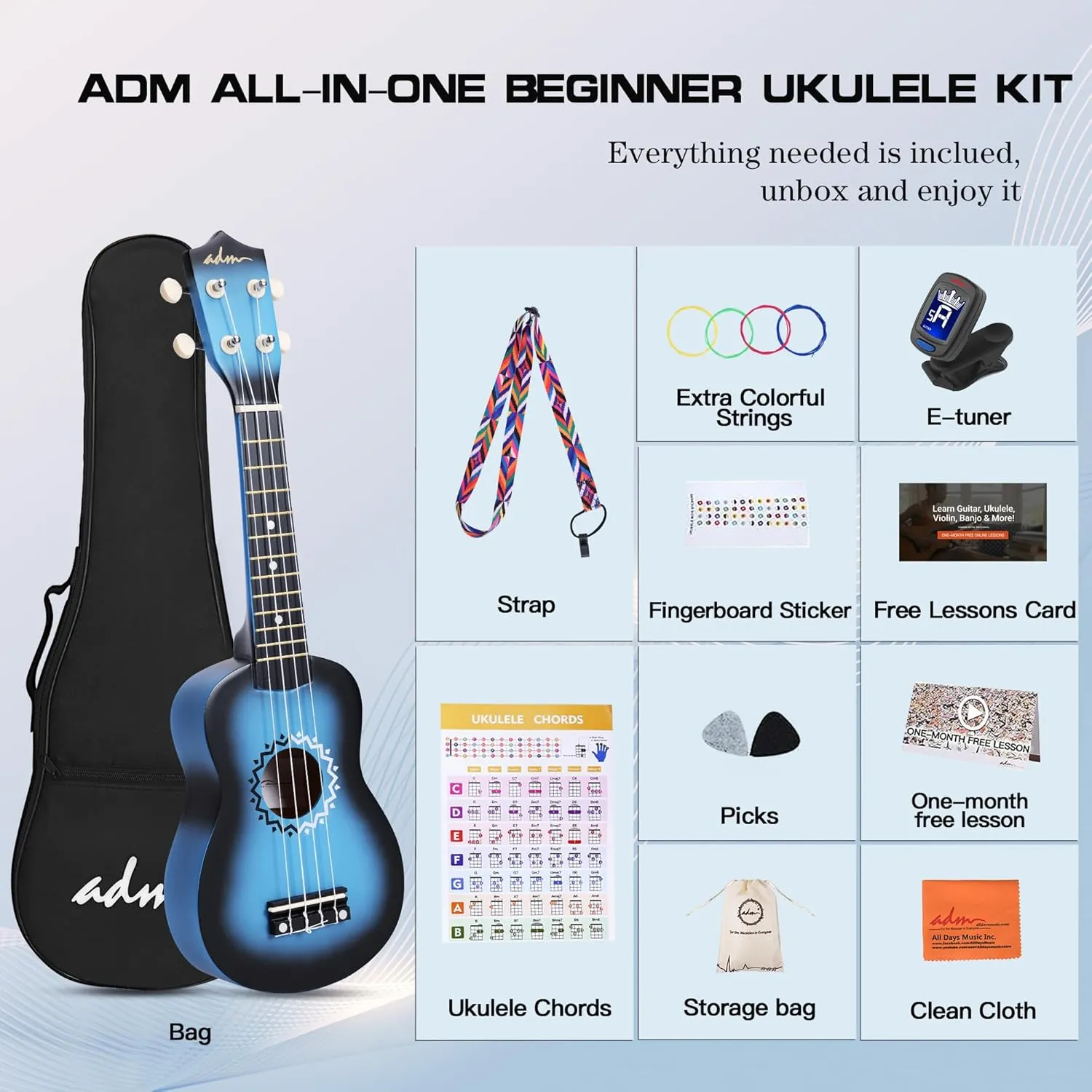 ADM Ukulele for Beginners Hawaiian Wood Ukelele Kit for Kids Adult Student Starter Professional Ukalelee Pack Bundle with Free Lessons Gig Bag Strap Nylon String Tuner (Bluebrust, 21 Inch)