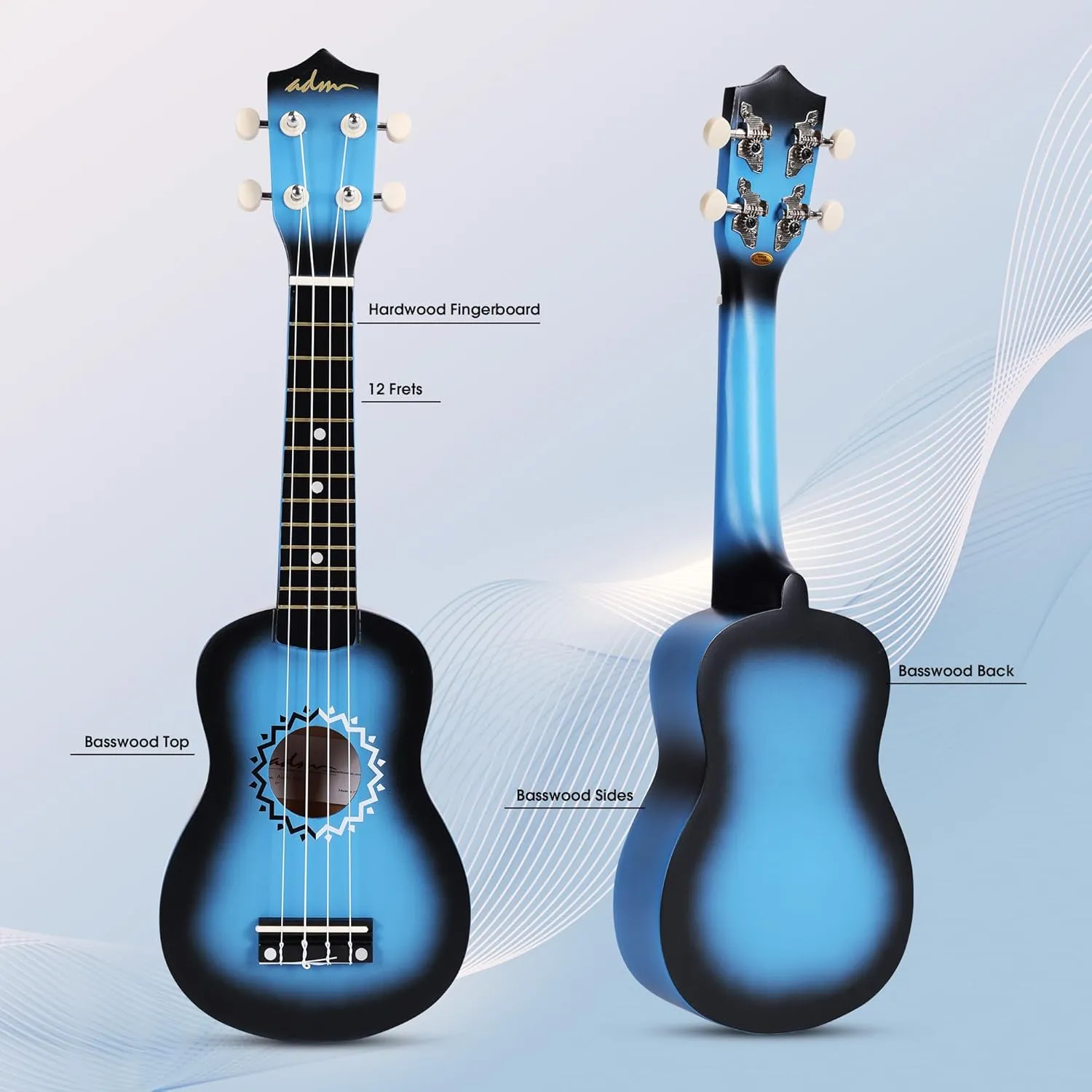 ADM Ukulele for Beginners Hawaiian Wood Ukelele Kit for Kids Adult Student Starter Professional Ukalelee Pack Bundle with Free Lessons Gig Bag Strap Nylon String Tuner (Bluebrust, 21 Inch)