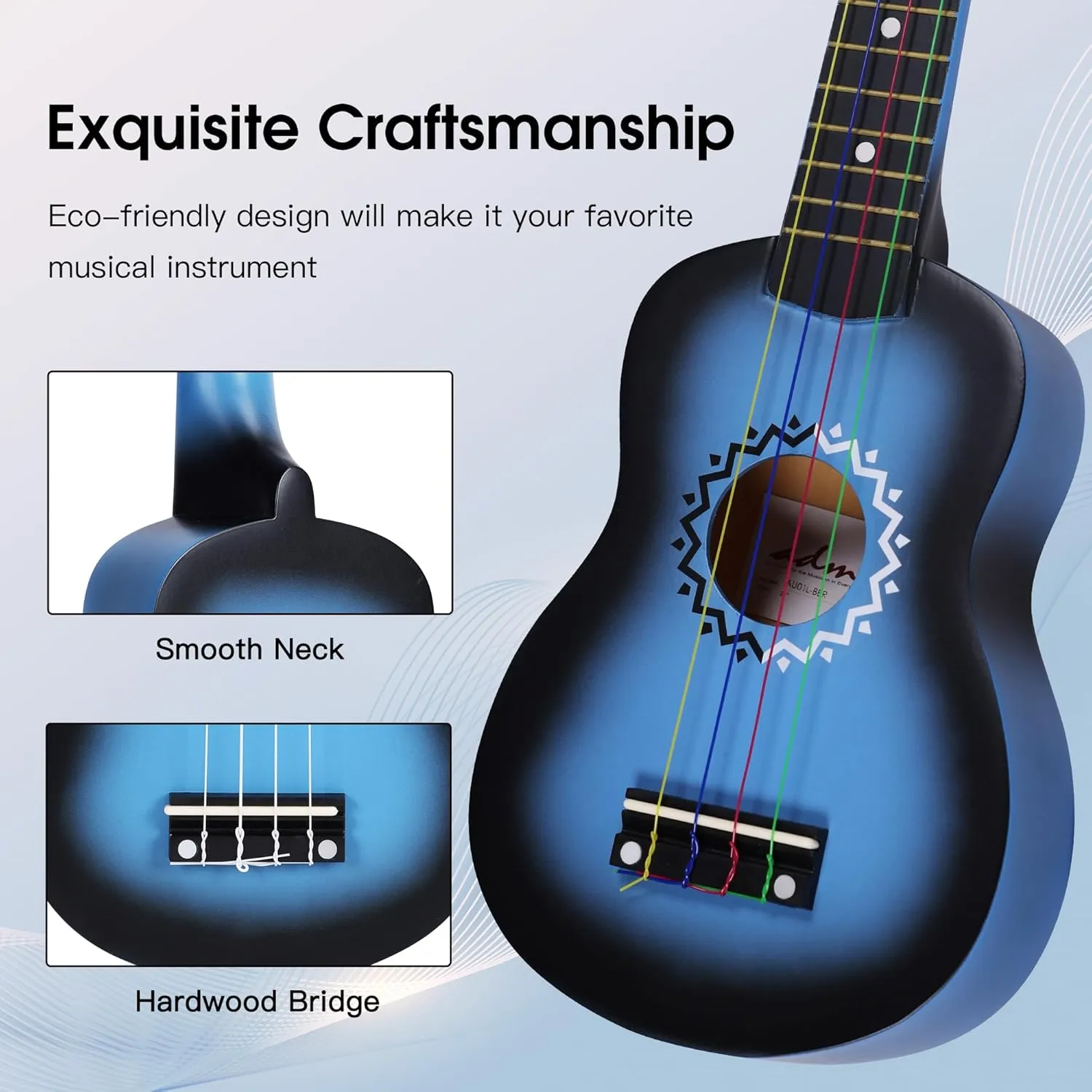 ADM Ukulele for Beginners Hawaiian Wood Ukelele Kit for Kids Adult Student Starter Professional Ukalelee Pack Bundle with Free Lessons Gig Bag Strap Nylon String Tuner (Bluebrust, 21 Inch)