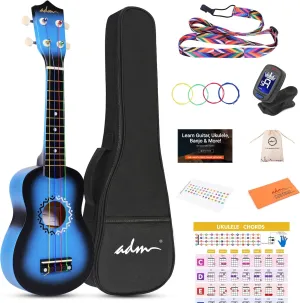 ADM Ukulele for Beginners Hawaiian Wood Ukelele Kit for Kids Adult Student Starter Professional Ukalelee Pack Bundle with Free Lessons Gig Bag Strap Nylon String Tuner (Bluebrust, 21 Inch)