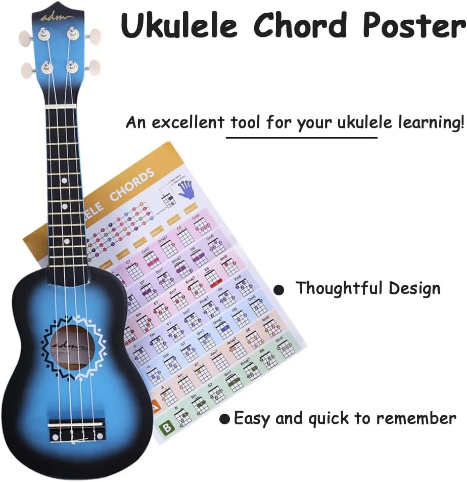 ADM Ukulele for Beginners Hawaiian Wood Ukelele Kit for Kids Adult Student Starter Professional Ukalelee Pack Bundle with Free Lessons Gig Bag Strap Nylon String Tuner (Bluebrust, 21 Inch)