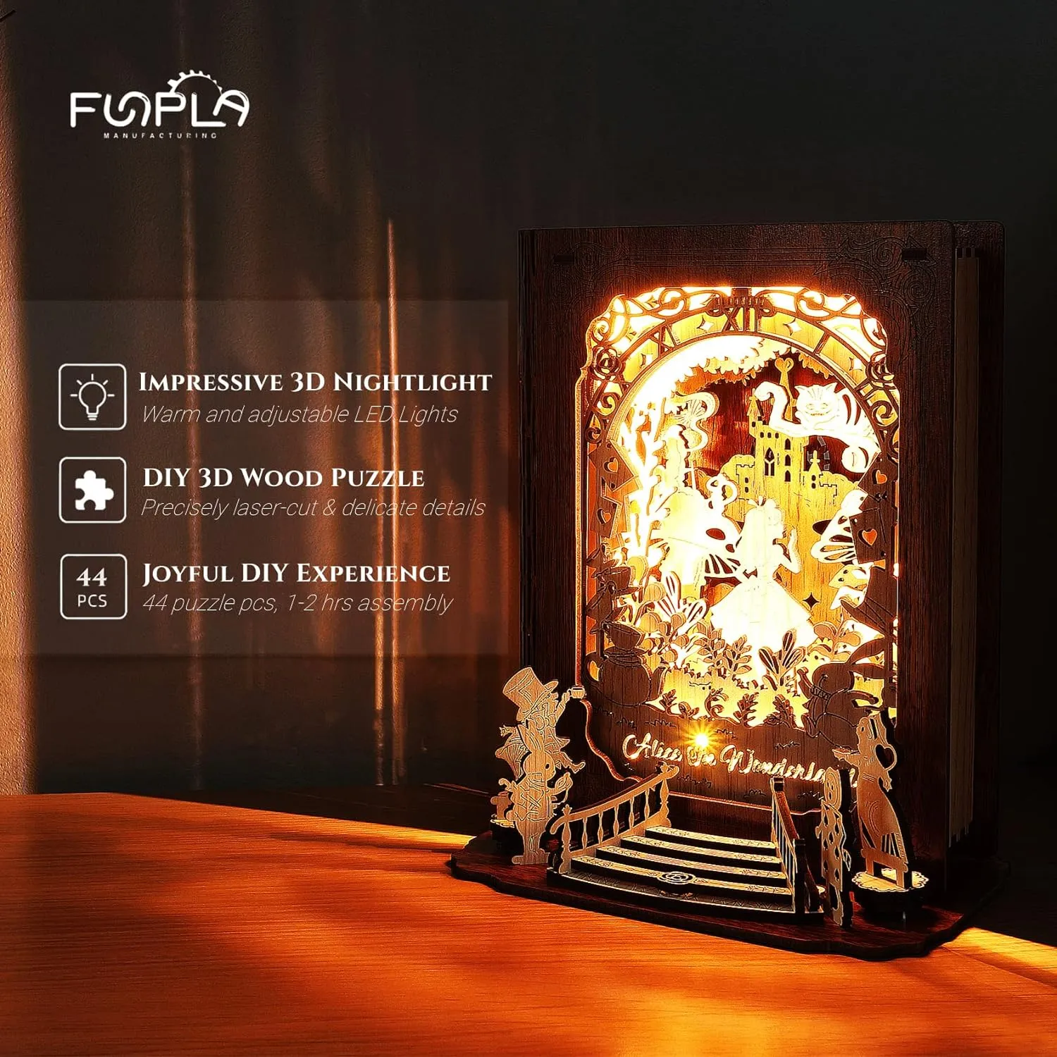 Alice in Wonderland 3D Puzzle Nightlight – DIY 3D LED Book Lamp – 3D Wood Puzzles Décor Lamp for Kids and Adults