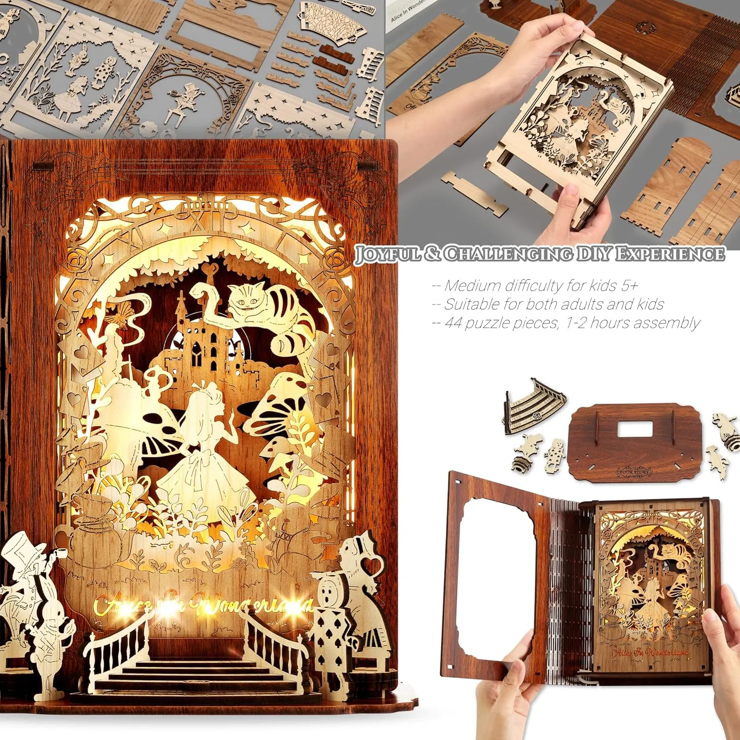 Alice in Wonderland 3D Puzzle Nightlight – DIY 3D LED Book Lamp – 3D Wood Puzzles Décor Lamp for Kids and Adults