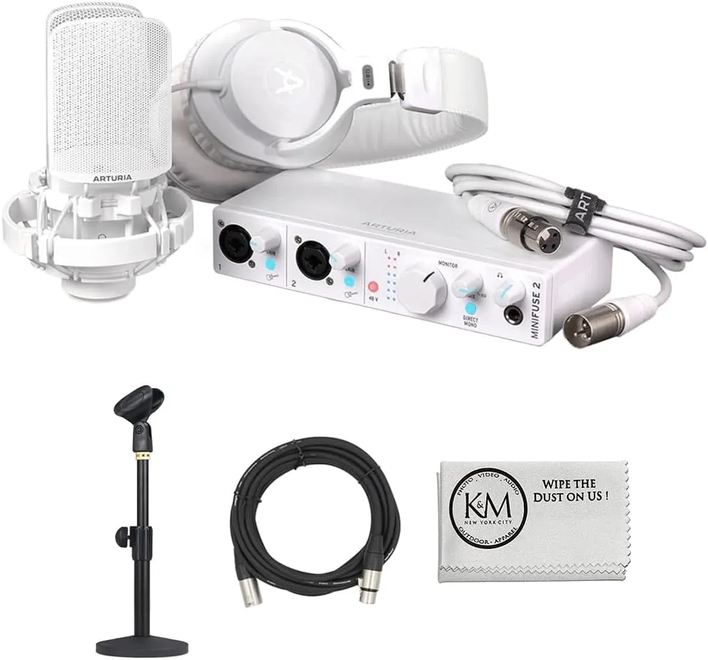 Arturia Minifuse Recording Pack | White Bundle with 20ft XLR Microphone Cable   Microphone Desktop Stand   Microfiber Cleaning Cloth (4 Items)