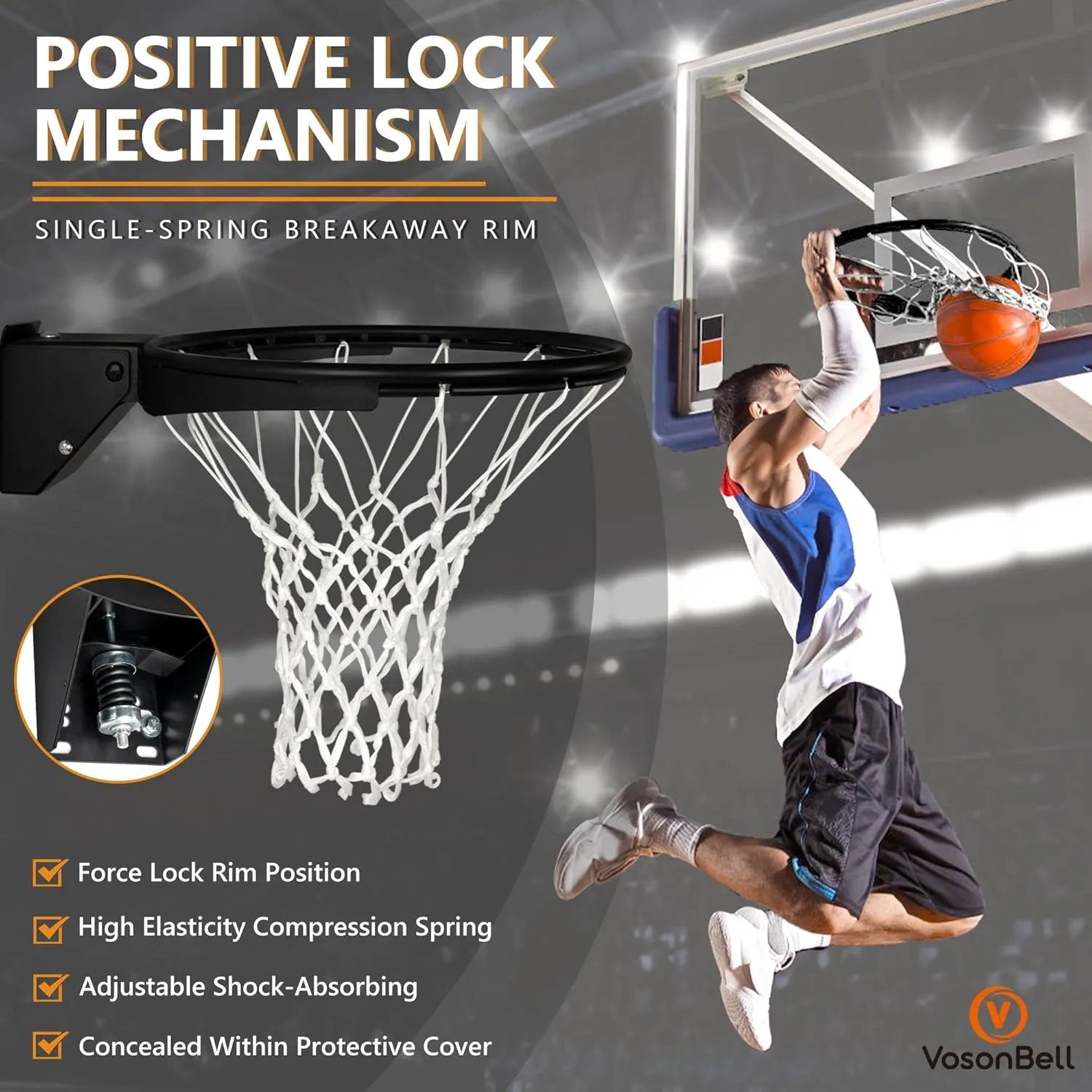 Basketball Rim Replacement, Single-Spring Breakaway Basketball Rim Outdoor Indoor, Universal 18 Inch Heavy Duty Basketball Hoop Rim and Net