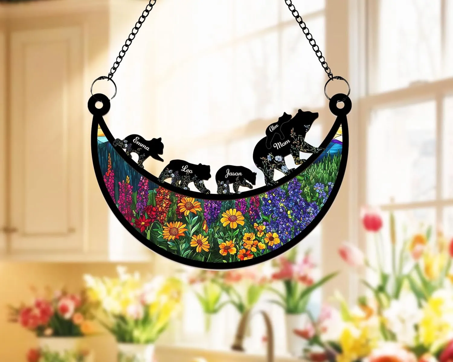Bear Family Suncatcher – Personalized Acrylic Hanging Ornament with Names – Mountain Sunset Window Decoration – Unique Gift for Nature & Animal Lovers (SCP4)