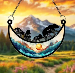 Bear Family Suncatcher – Personalized Acrylic Hanging Ornament with Names – Mountain Sunset Window Decoration – Unique Gift for Nature & Animal Lovers (SCP4)