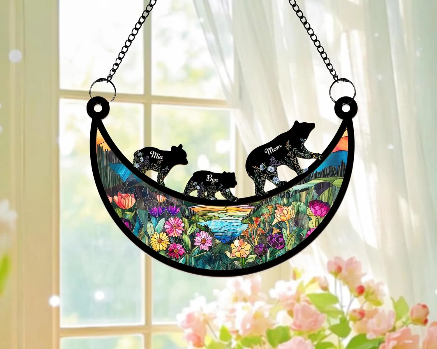 Bear Family Suncatcher – Personalized Acrylic Hanging Ornament with Names – Mountain Sunset Window Decoration – Unique Gift for Nature & Animal Lovers (SCP4)
