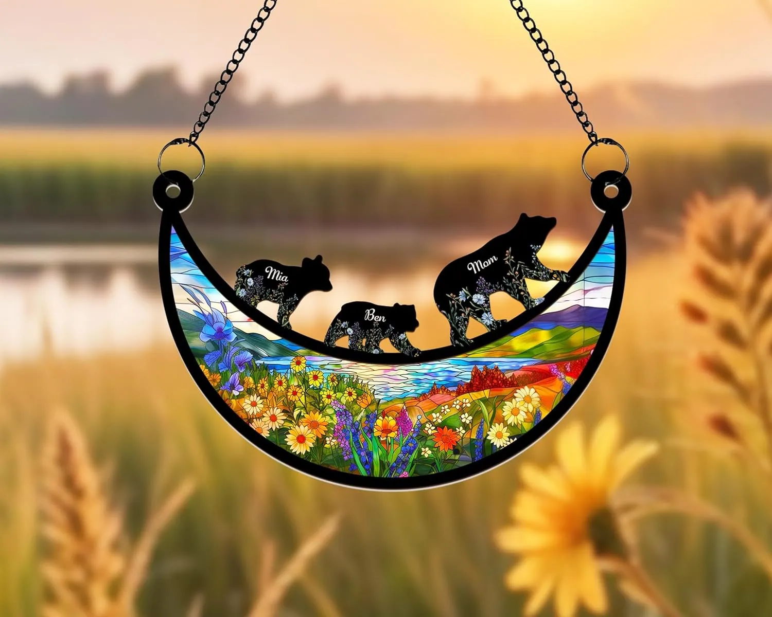 Bear Family Suncatcher – Personalized Acrylic Hanging Ornament with Names – Mountain Sunset Window Decoration – Unique Gift for Nature & Animal Lovers (SCP4)