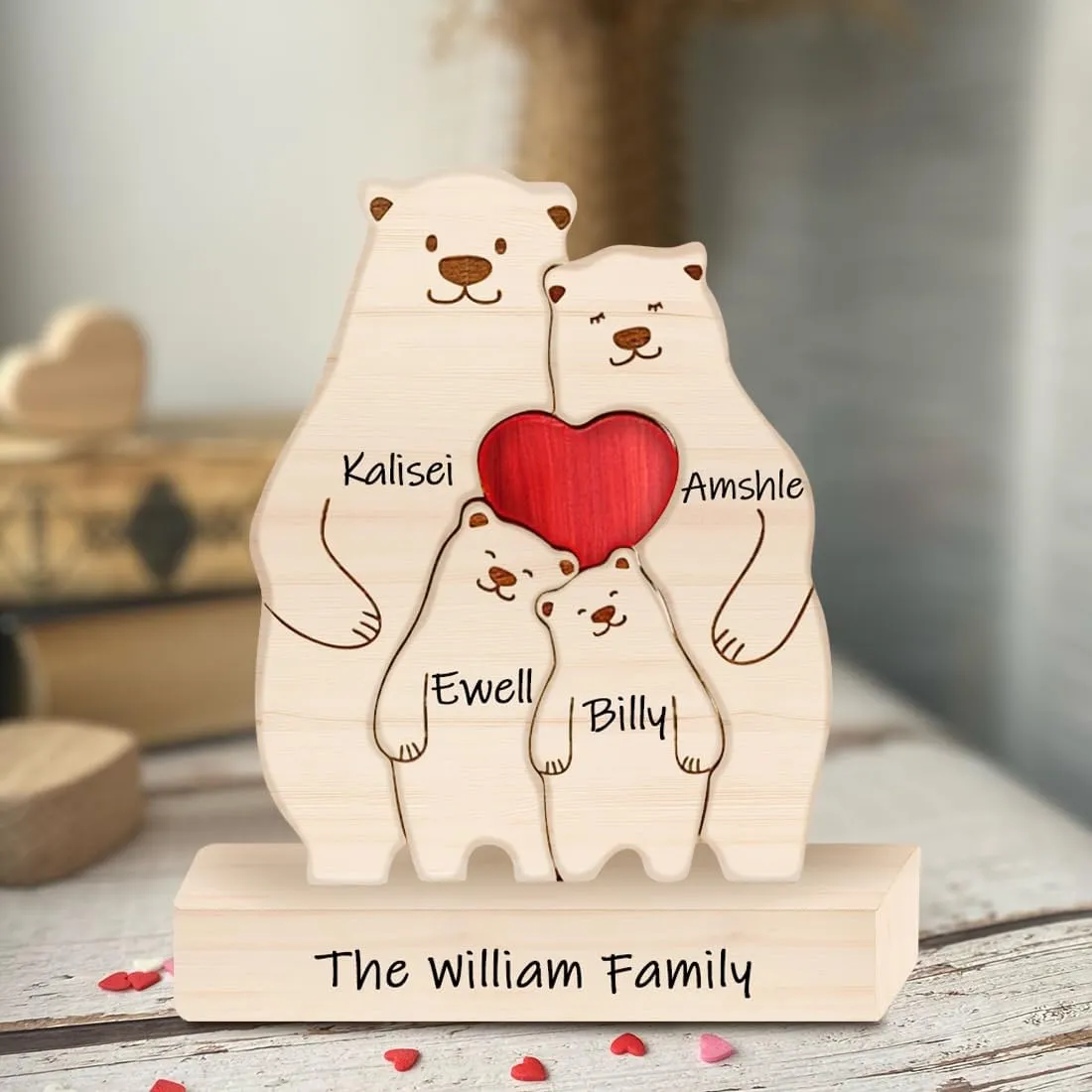 Bear Family Wooden Puzzle Decorative Signs, Bear Family Theme Art Puzzle Family Name Sculpture Wooden Sculpture, Mom Parents Home Decor Mothers Day Housewarming Gifts (Family of 3)