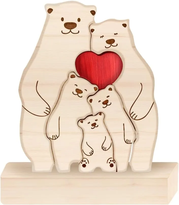 Bear Family Wooden Puzzle Decorative Signs, Bear Family Theme Art Puzzle Family Name Sculpture Wooden Sculpture, Mom Parents Home Decor Mothers Day Housewarming Gifts (Family of 5)
