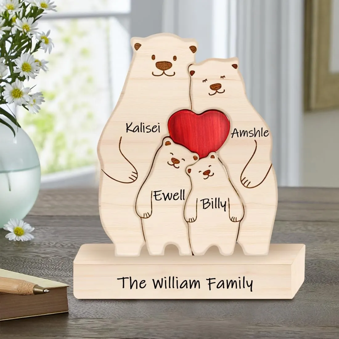 Bear Family Wooden Puzzle Decorative Signs, Bear Family Theme Art Puzzle Family Name Sculpture Wooden Sculpture, Mom Parents Home Decor Mothers Day Housewarming Gifts (Family of 5)