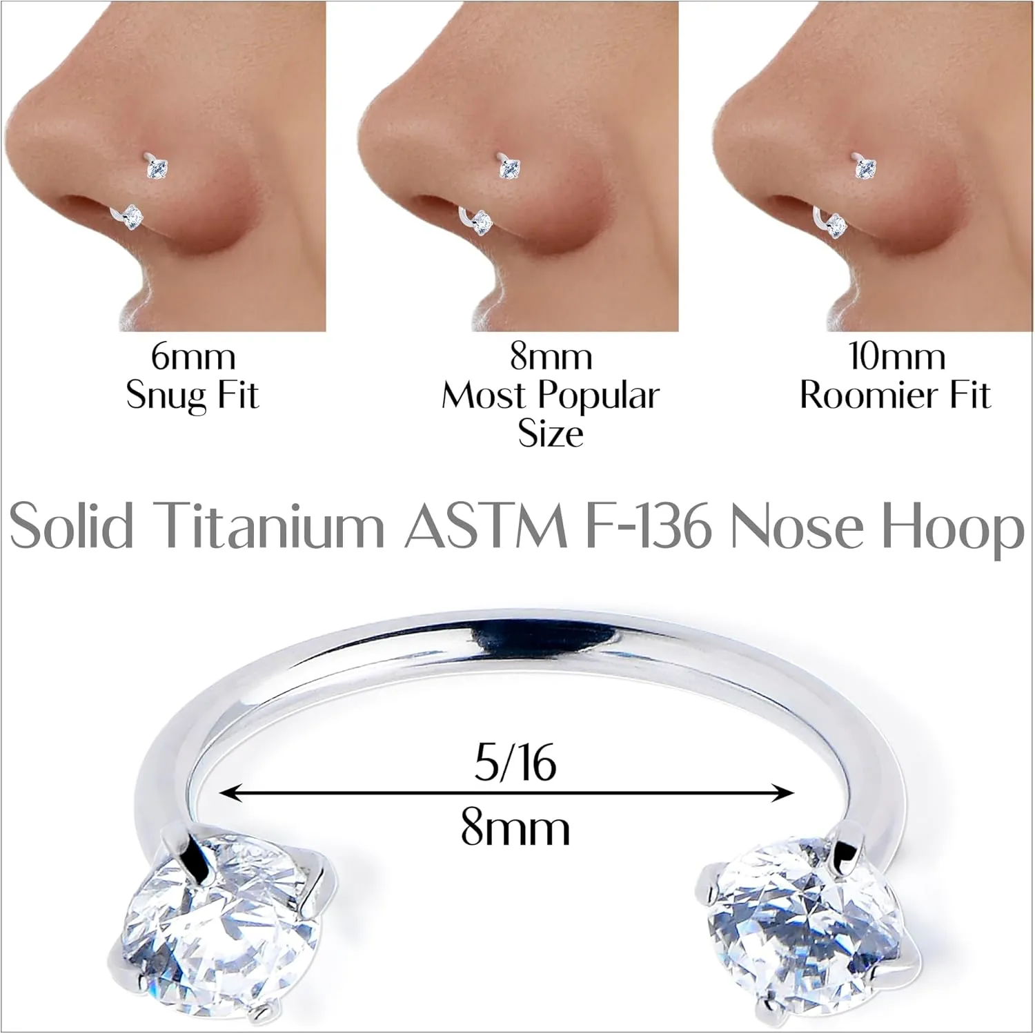 Body Candy Double Gem Titanium Horseshoe Nose Ring - Internally Threaded Solid Titanium CZ Horseshoe Nose Hoop
