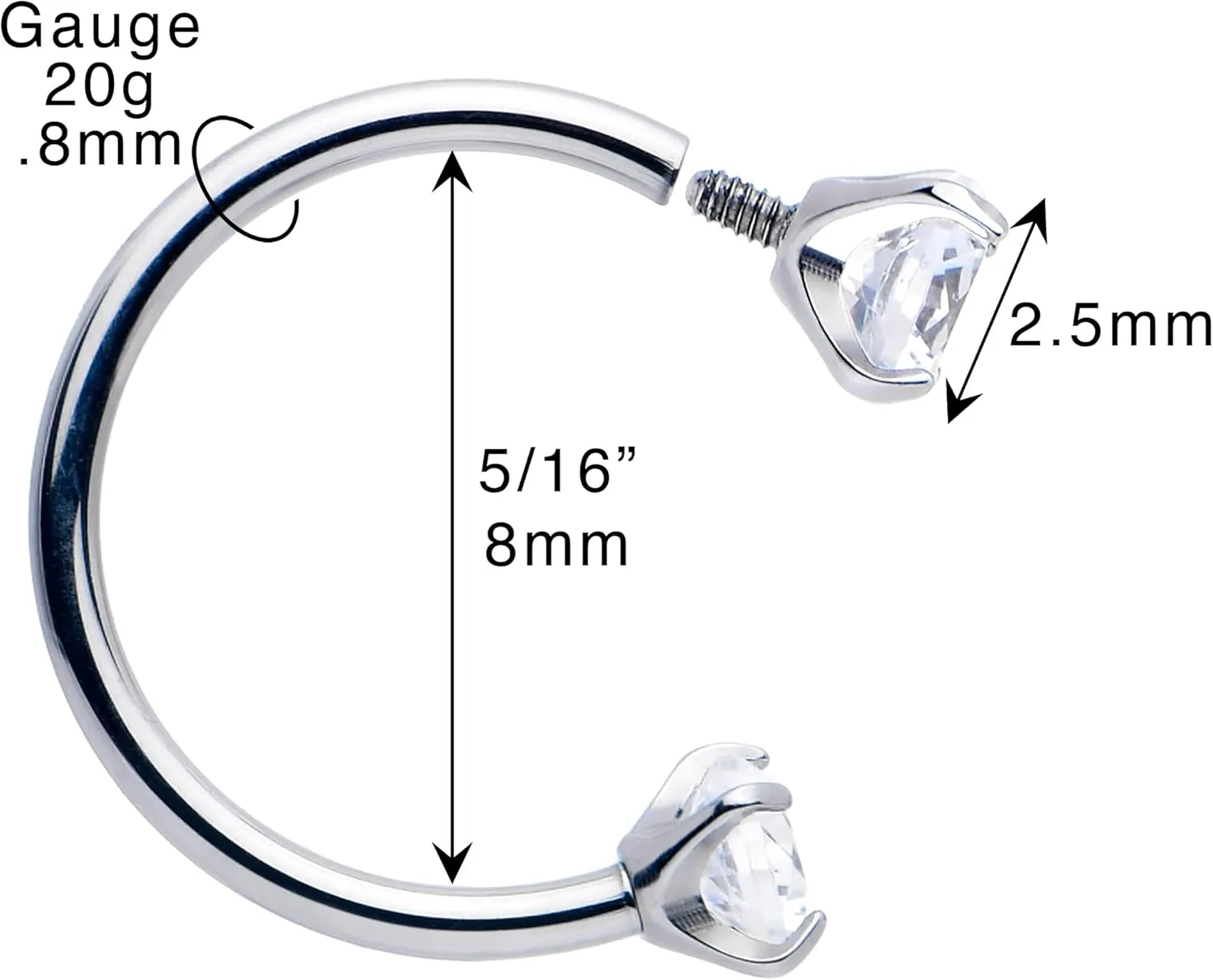 Body Candy Double Gem Titanium Horseshoe Nose Ring - Internally Threaded Solid Titanium CZ Horseshoe Nose Hoop