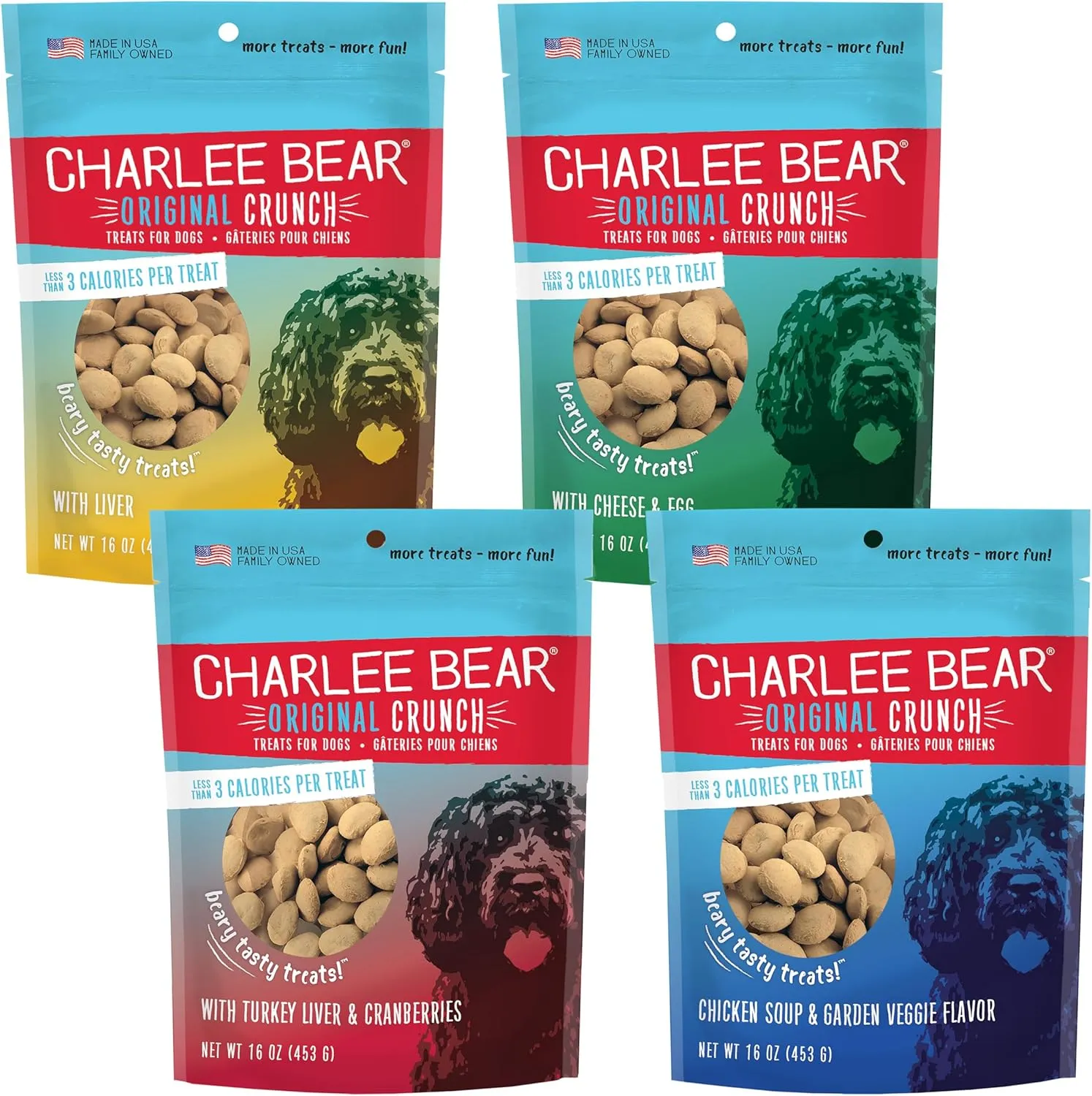 Charlee Bear Original Crunch Dog Treats Variety Pack, 16 oz (4-Pack) - Liver, Egg & Cheese, Chicken Soup & Garden Veggie, Turkey Liver & Cranberries Made in the USA Natural Training Treats for Dogs