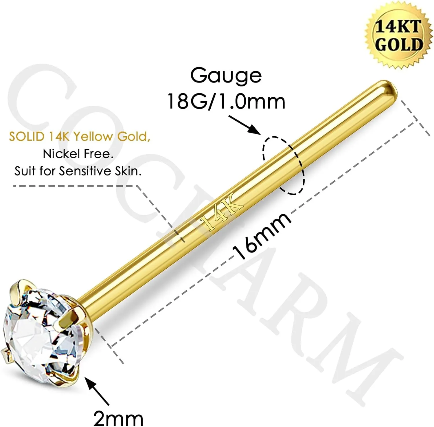 COCHARM 18g 14k Real Gold Custom Bendable Fishtail Nose Rings Diamond Nose Stud Ring Piercing Jewelry for Women Men CZ