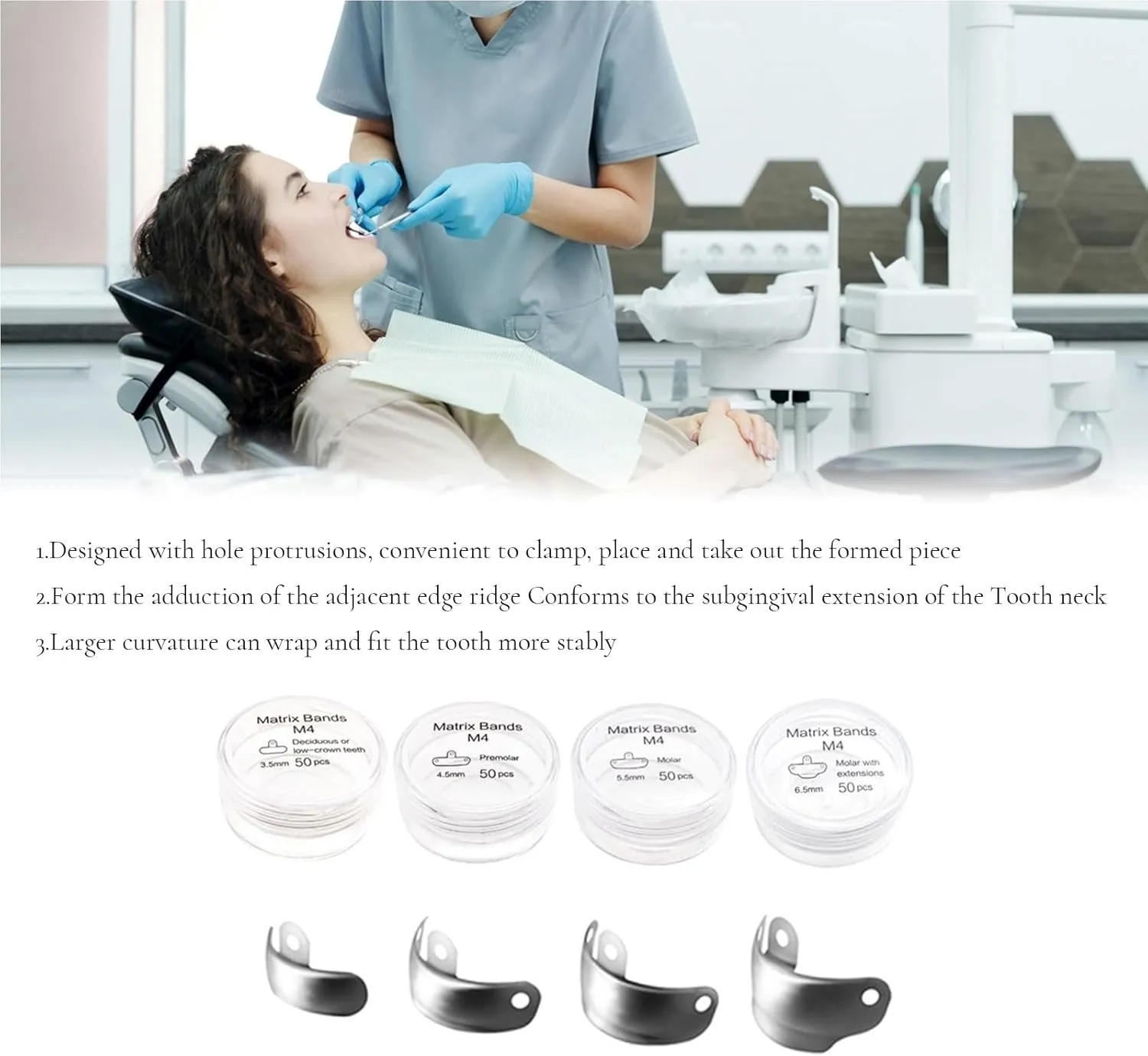 Dental Sectional Matrix System Dental Matrix Ring and Band Set, Dental Sectional Matrix Bands Ring, Dental Clip Clamp Ring, Matrix Bands for Dental Restorations.-6.5mm50pcs