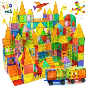 EchoPlan 130 PCS Magnetic Tiles,Magnetic Building Blocks with 2 Cars,Magnet Tiles 3D Clear Construction STEM Preschool Sensory Educational Toys Set for Kids Toddlers Boys 3 4 5 6 7 8 9  Year Old