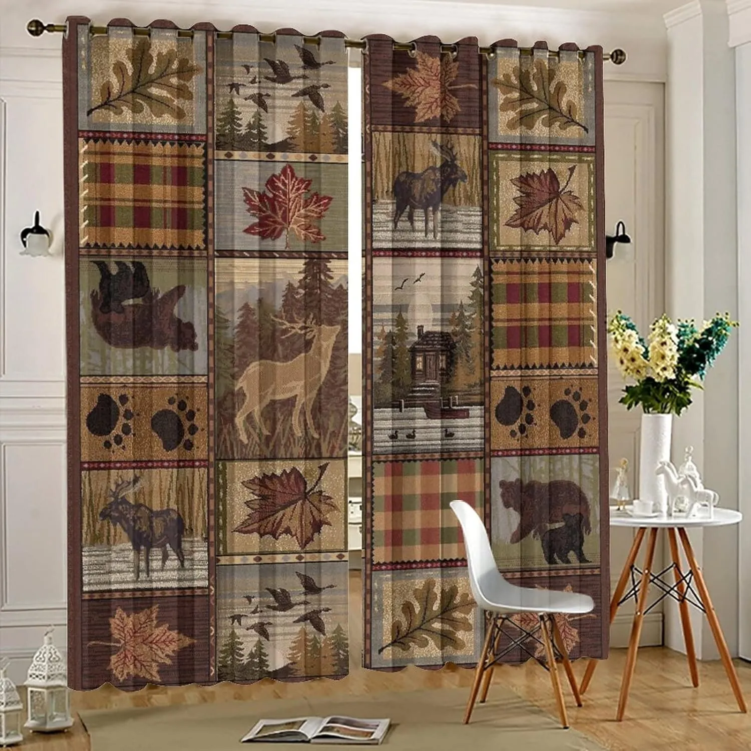 Farmhouse Bear Moose Deer Room Darkening Blackout Window Curtains with Grommets,Country Style Vintage Retro Rustic Lodge Energy Efficient Window Treatment for Living Room 2 Panels 45L x 21W
