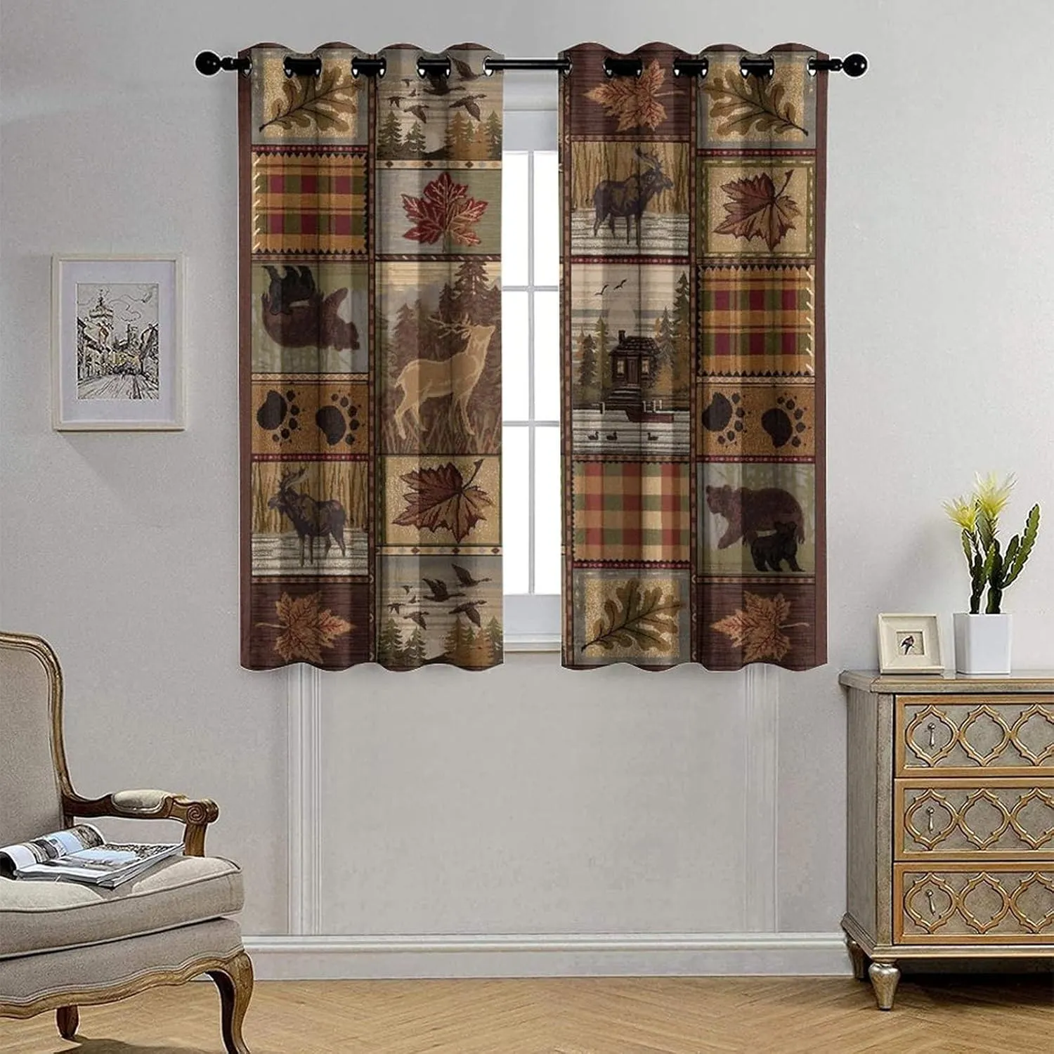 Farmhouse Bear Moose Deer Room Darkening Blackout Window Curtains with Grommets,Country Style Vintage Retro Rustic Lodge Energy Efficient Window Treatment for Living Room 2 Panels 45L x 21W