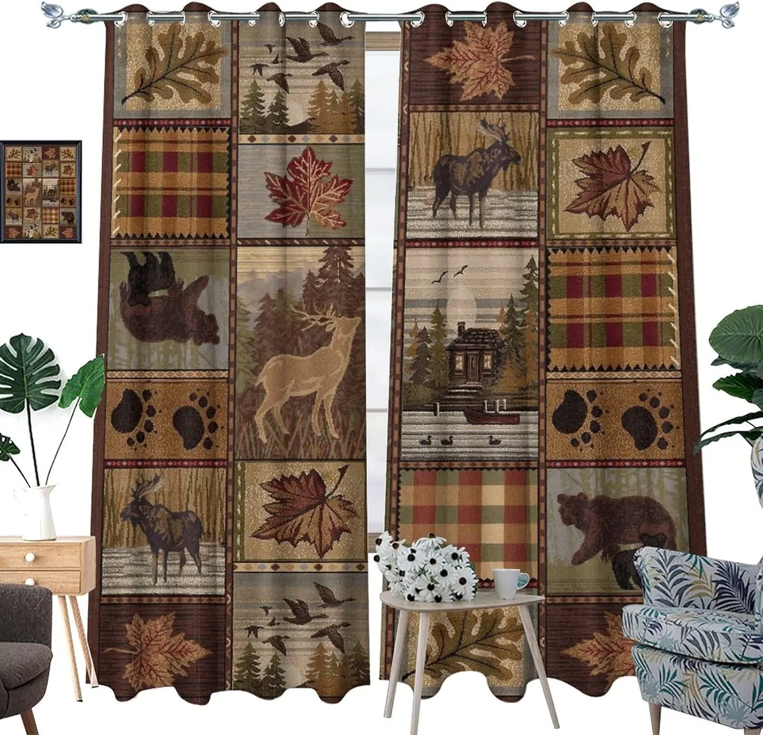 Farmhouse Bear Moose Deer Room Darkening Blackout Window Curtains with Grommets,Country Style Vintage Retro Rustic Lodge Energy Efficient Window Treatment for Living Room 2 Panels 45L x 21W