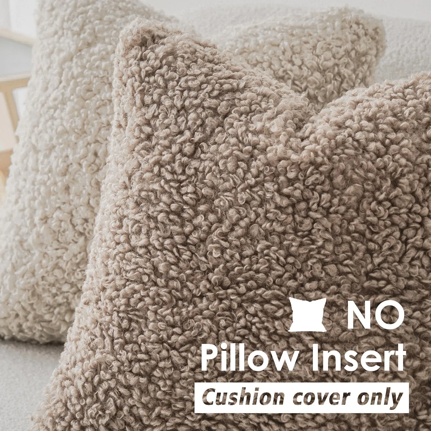Foindtower 2 Pieces 22x22 Inch Khaki, Faux Fur Throw Pillow Cover Accent Sherpa Pillow Fuzzy Soft Pillowcases Sheepskin Decorative Fleece Cushion Case for Bed Couch Living Room