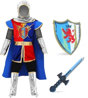 G.C Kids Knight Costume Toddler Boy Dress Up Clothes Medieval Costumes with Cape Toys Accessories Halloween Cosplay Gifts