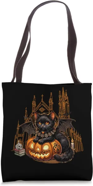 Gothic Black Cat Kitty with Bat Wings & Jack O Lantern Tote Bag