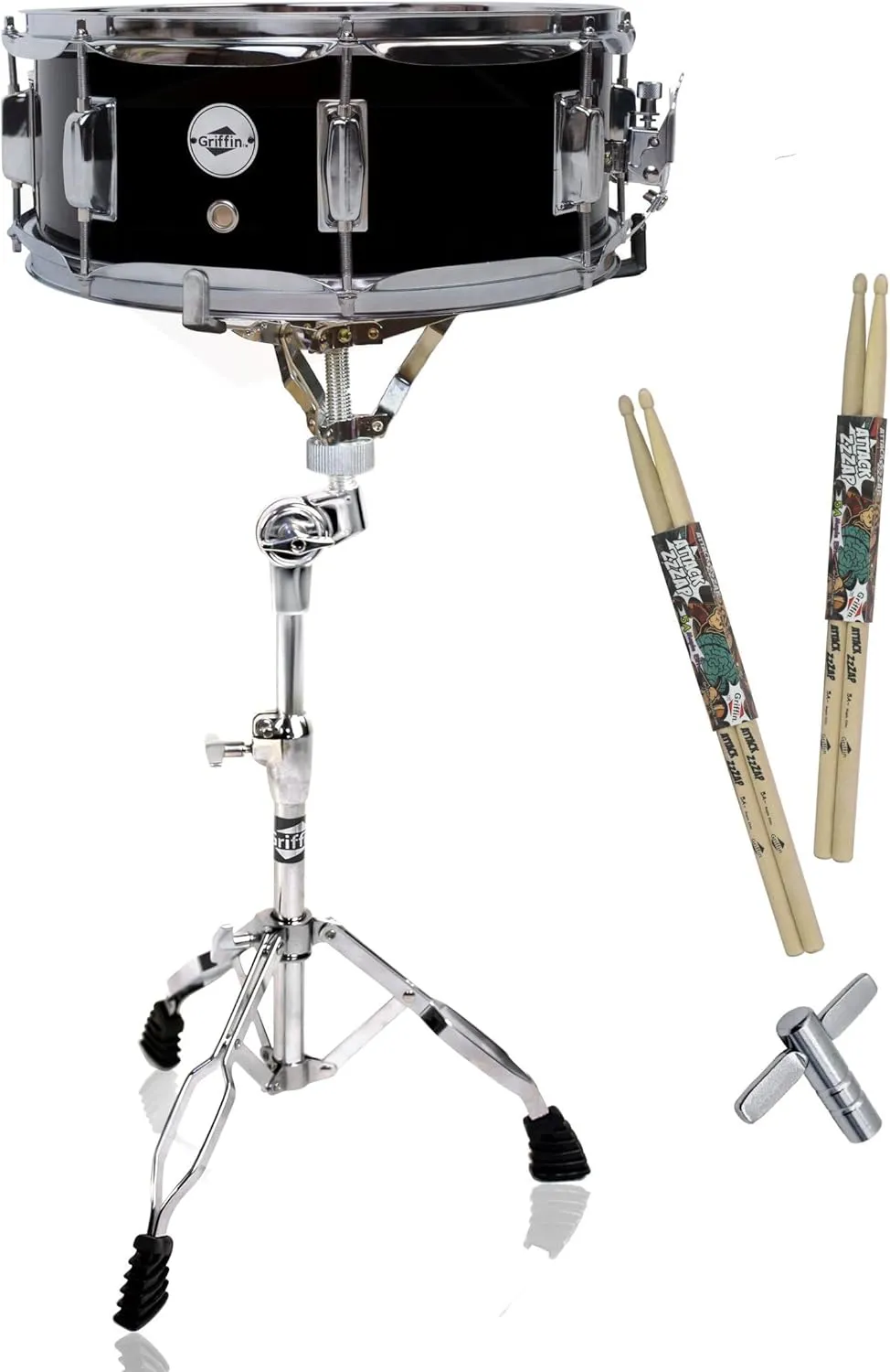 GRIFFIN Snare Drum Kit with Snare Stand, 2 Pairs of Drum Sticks & Drum Key | Wood Shell Drum Set, Maple Sticks, Chrome Holder Acoustic Marching Percussion Musical Instrument Practice Package
