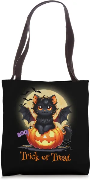 Halloween Cute Black Cat Kitty Bat Wings Jack O Lantern Tote Bag