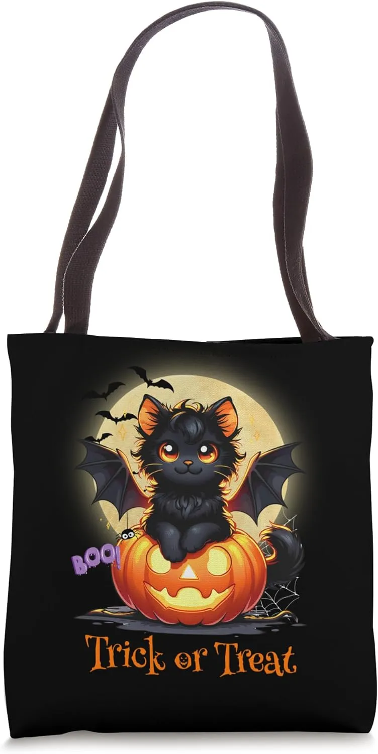 Halloween Cute Black Cat Kitty Bat Wings Jack O Lantern Tote Bag