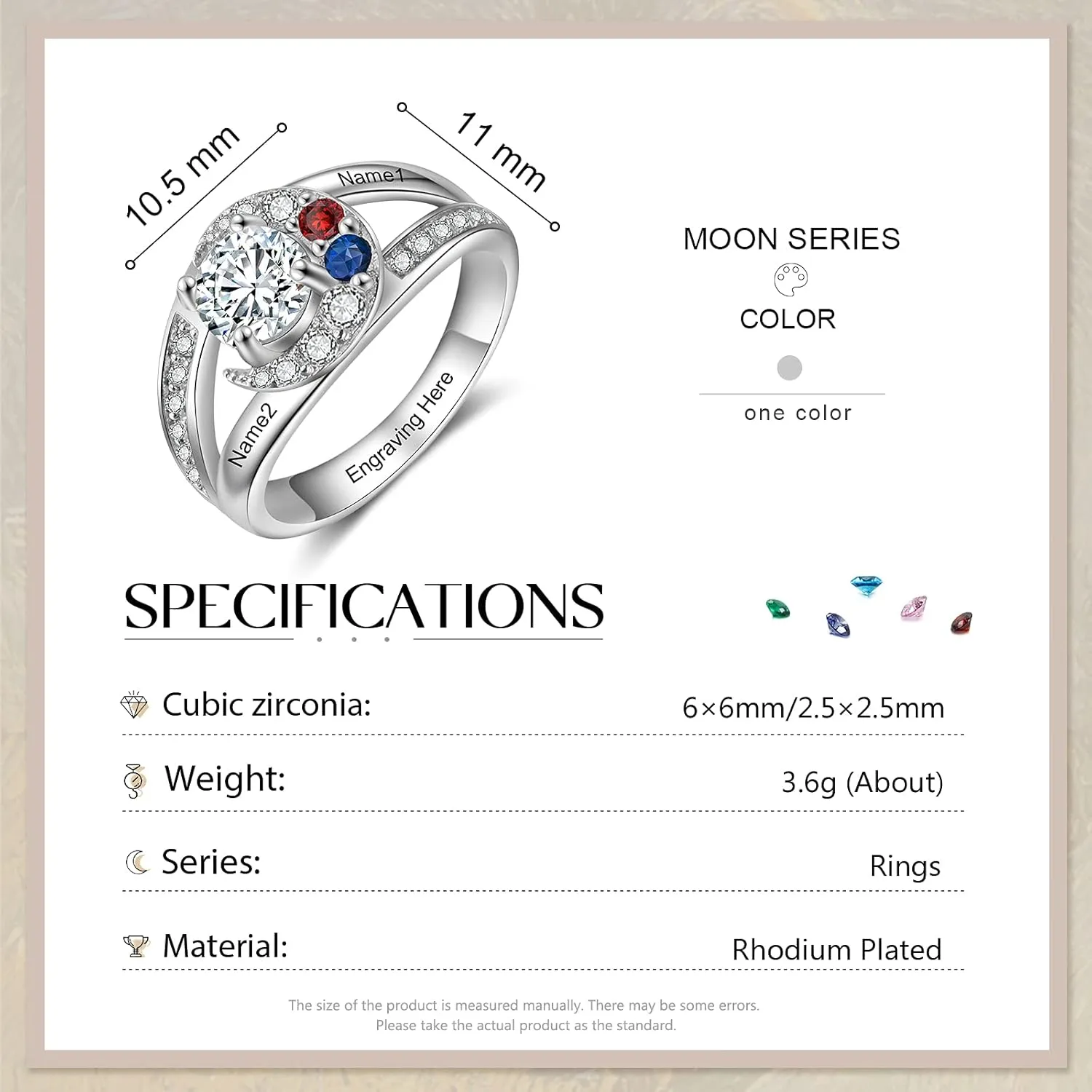 JewelOra Personalized Promise Ring for Her Custom Moon Engagement Ring with Simulated Birthstones Engraved Names Wedding Ring Jewelry Gift for Women Mom