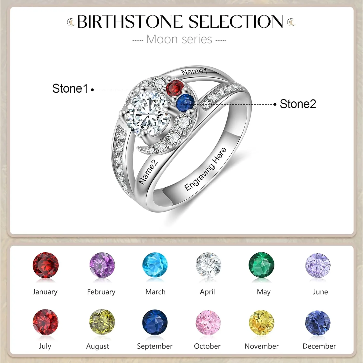 JewelOra Personalized Promise Ring for Her Custom Moon Engagement Ring with Simulated Birthstones Engraved Names Wedding Ring Jewelry Gift for Women Mom