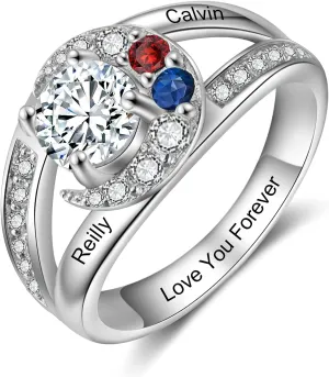 JewelOra Personalized Promise Ring for Her Custom Moon Engagement Ring with Simulated Birthstones Engraved Names Wedding Ring Jewelry Gift for Women Mom