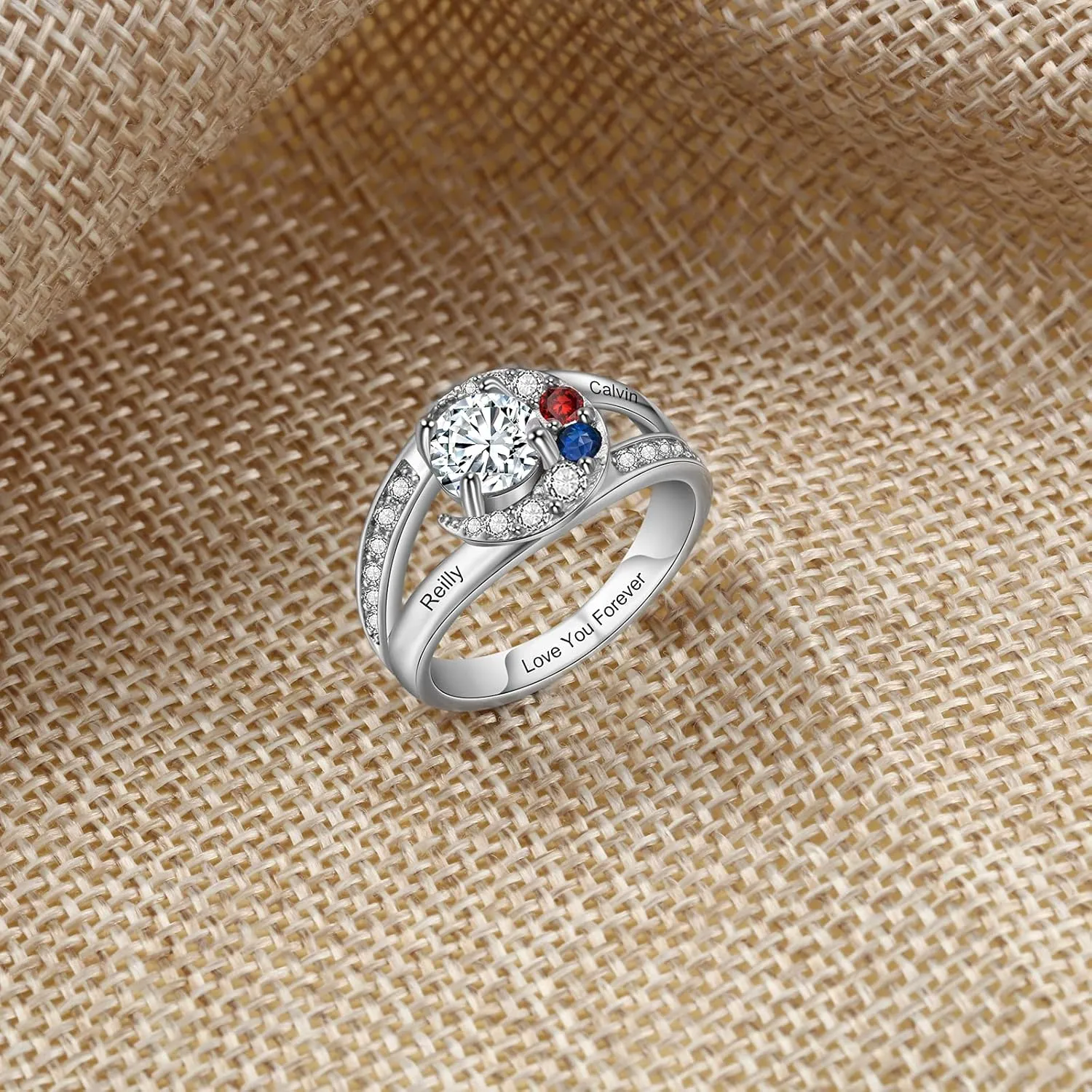 JewelOra Personalized Promise Ring for Her Custom Moon Engagement Ring with Simulated Birthstones Engraved Names Wedding Ring Jewelry Gift for Women Mom