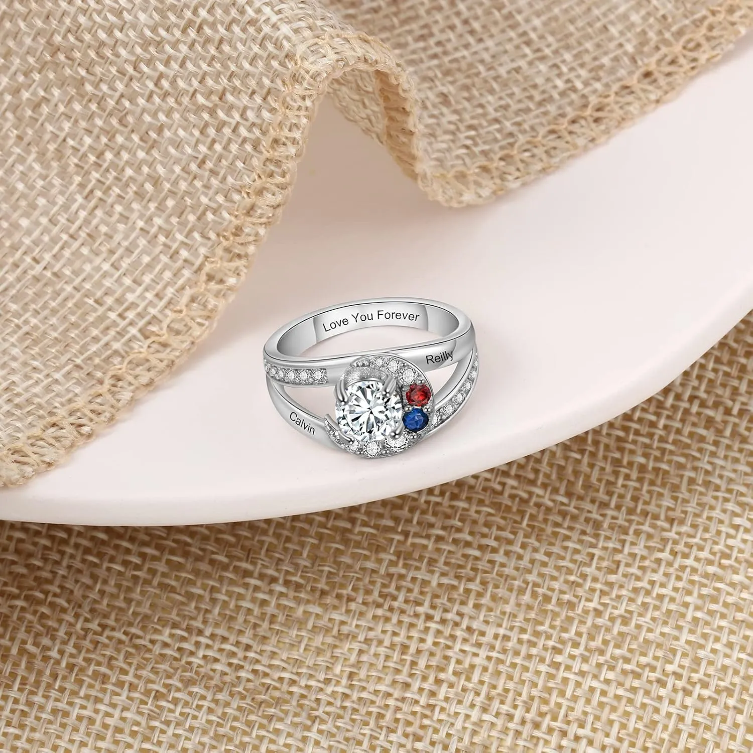 JewelOra Personalized Promise Ring for Her Custom Moon Engagement Ring with Simulated Birthstones Engraved Names Wedding Ring Jewelry Gift for Women Mom