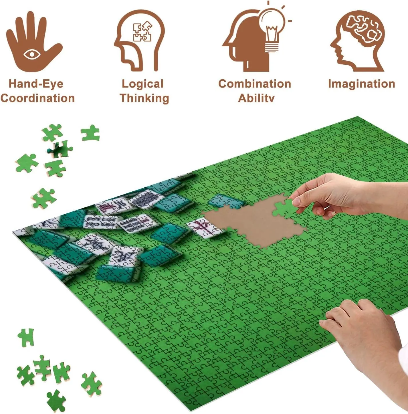 Jigsaw Puzzles 500 Pieces for Adult Full Mahjong Tiles Game Green Puzzle Game for Family Wooden Puzzle Toy Educational Games Puzzles for Home Decor