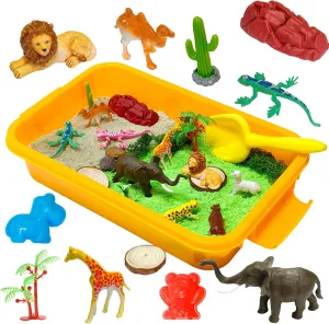 Jungle Sensory bin,Safari Animal Figures Playset Toys,Wild Forest Sandbox,Desert Animals Play Sand Set with Sensory Sand,Zoo Animal Figurines,Jungle Adventure Play Kit for Kids 3 4 5 6 7