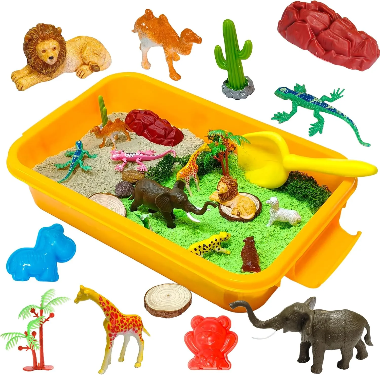 Jungle Sensory bin,Safari Animal Figures Playset Toys,Wild Forest Sandbox,Desert Animals Play Sand Set with Sensory Sand,Zoo Animal Figurines,Jungle Adventure Play Kit for Kids 3 4 5 6 7