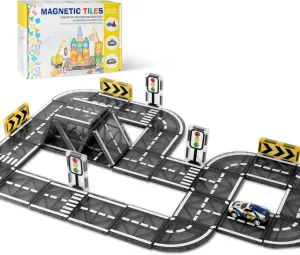 Magnetic Race Track Tiles with Cars, Magnet Tiles Road Set for Kids Toddlers Ages 3-5 4-8, Magnetic Racing Building Blocks Montessori Educational Learning Construction Toys Birthday Gifts