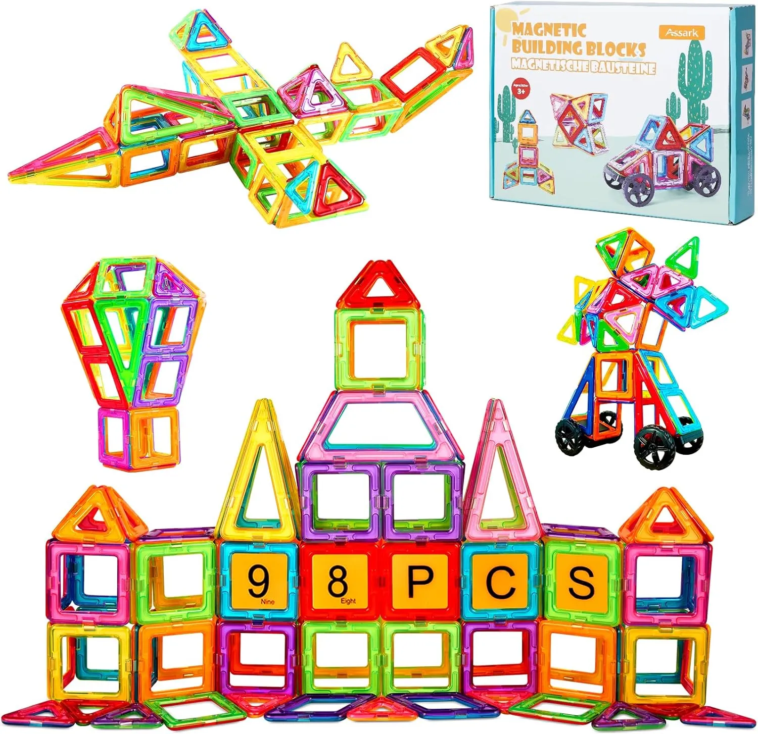Magnetic Tiles, 98PCS Magnetic Blocks Set STEM Toys with 2 Cars, Building Blocks for Kids Ages 3 4 5 6 7 8  Boys Girls, Travel Toys for Toddlers, Preschool Learning, Gift for Birthday Christmas