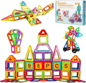 Magnetic Tiles, 98PCS Magnetic Blocks Set STEM Toys with 2 Cars, Building Blocks for Kids Ages 3 4 5 6 7 8  Boys Girls, Travel Toys for Toddlers, Preschool Learning, Gift for Birthday Christmas