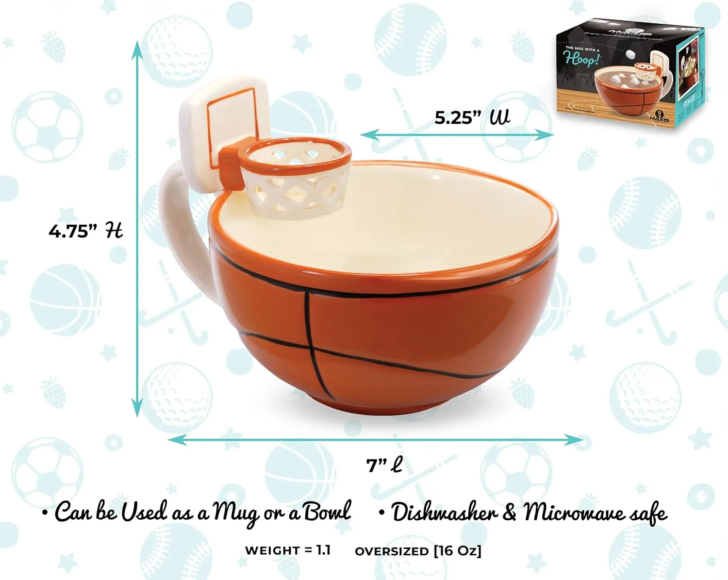 MAX'IS Creations The Mug with a Hoop Basketball Mug Novelty Hot Chocolate Coffee Mugs Sports Cereal Bowl Coach Basketball Gifts for Boys 8-12 12-14 Accessories Stuff, Father's Day Gift,16oz