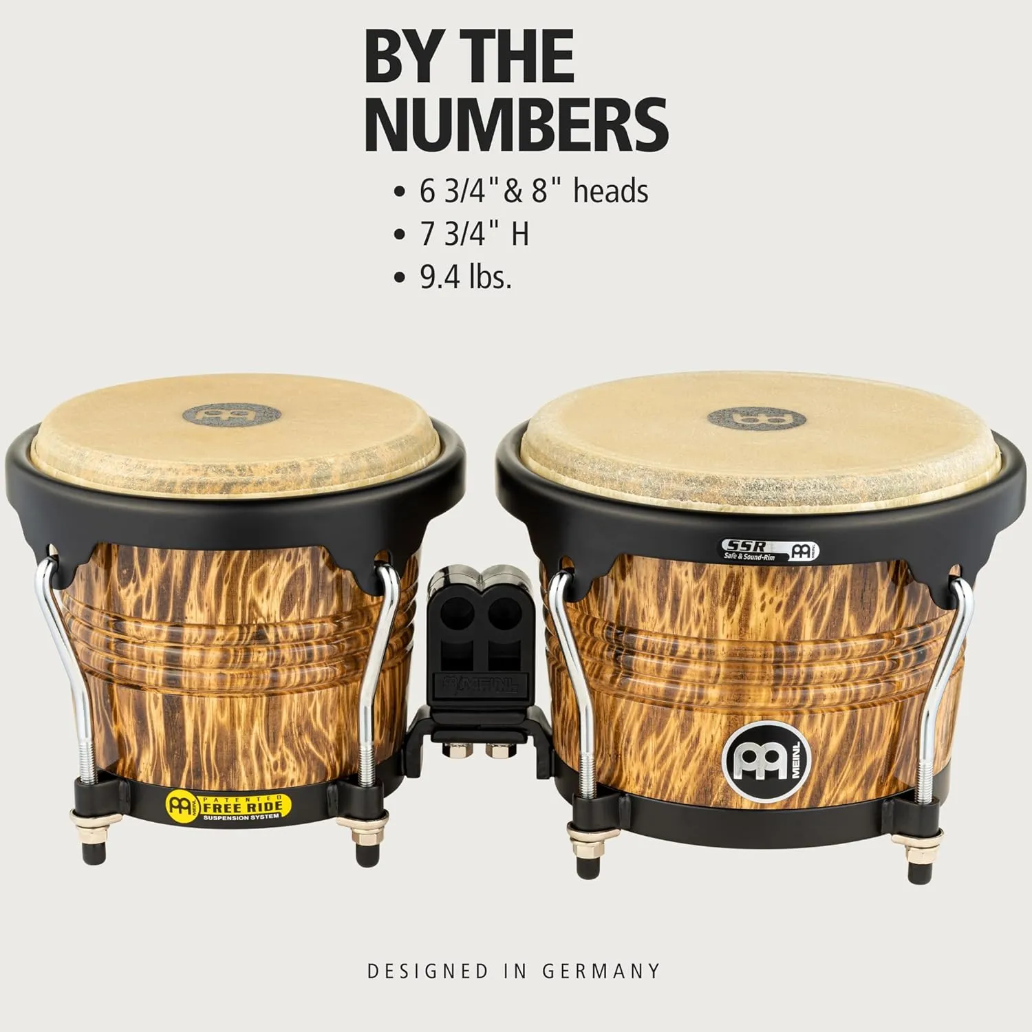 Meinl Percussion Bongos Hand Drum Set 6.75" and 8" with Hardwood Shells and Tuning Key — NOT Made in China — Marathon Designer Series, 2-Year Warranty (FWB190LB)